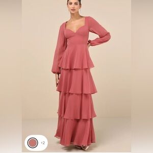 XS Lulus Flawless Excellence Rusty Rose Tiered
Long Sleeve Maxi Dress